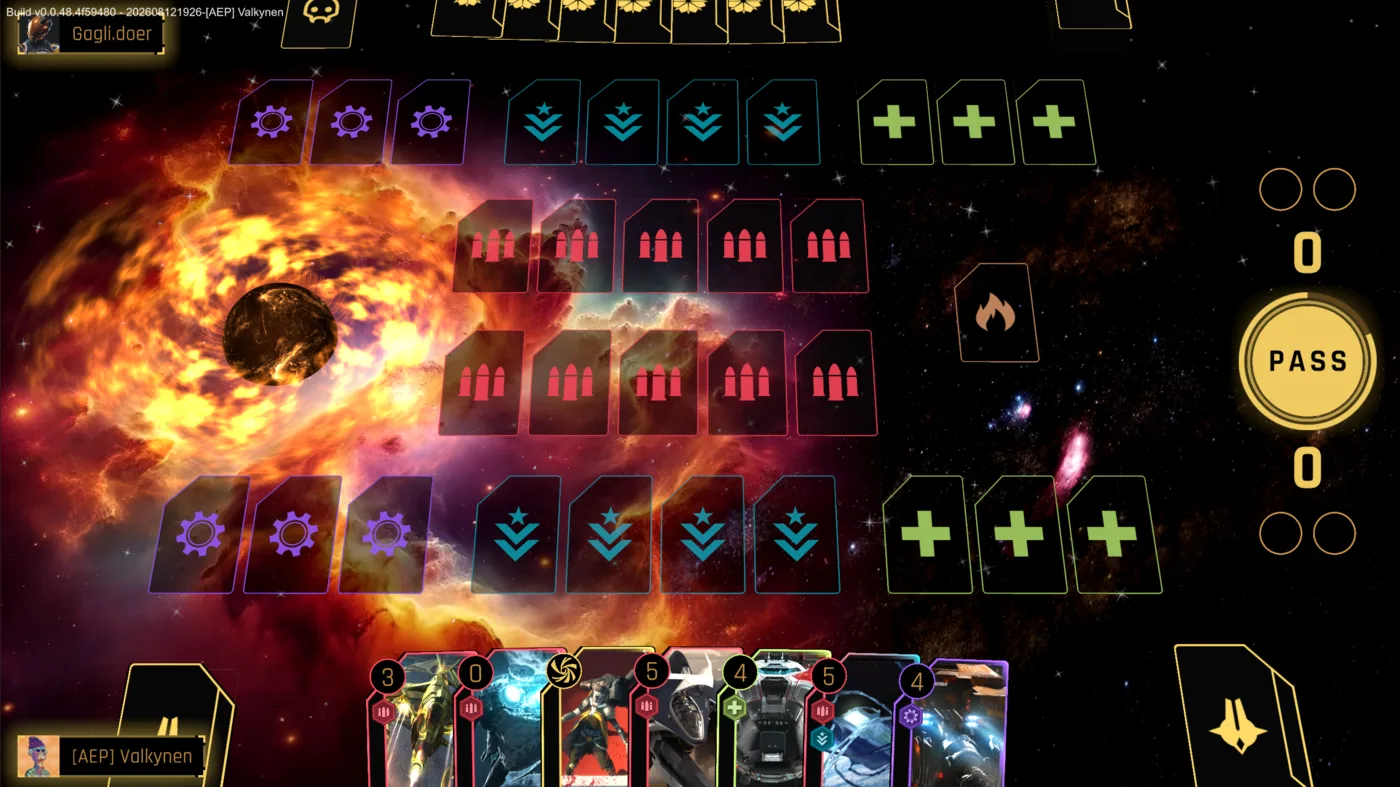 The Cataclysm board mid-duel: rows of zone slots on each side of the board, a hand of cards below and the pass dial on the right