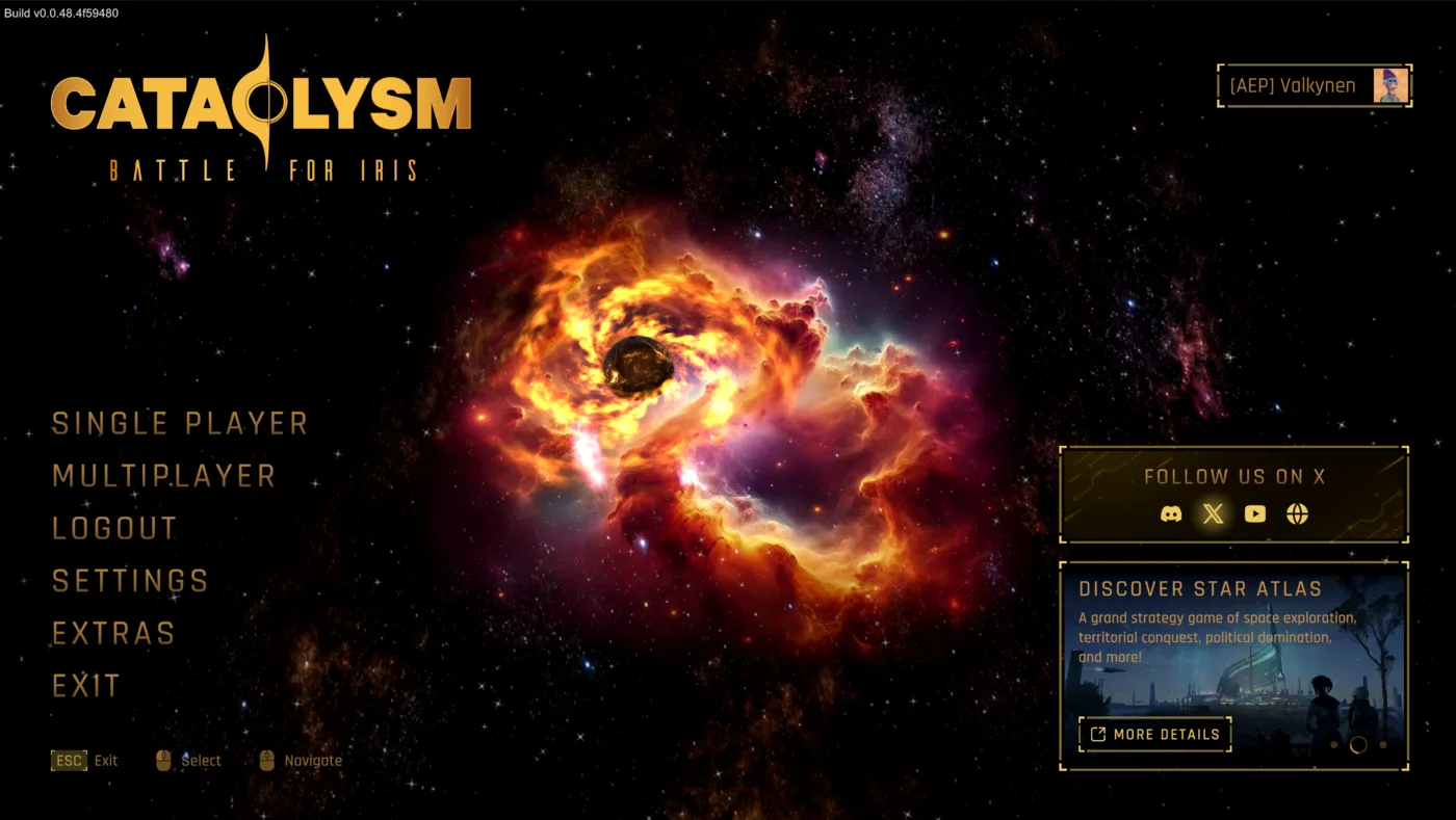 The Cataclysm main menu over a burning nebula, with single player and multiplayer modes and a Discord account logged in