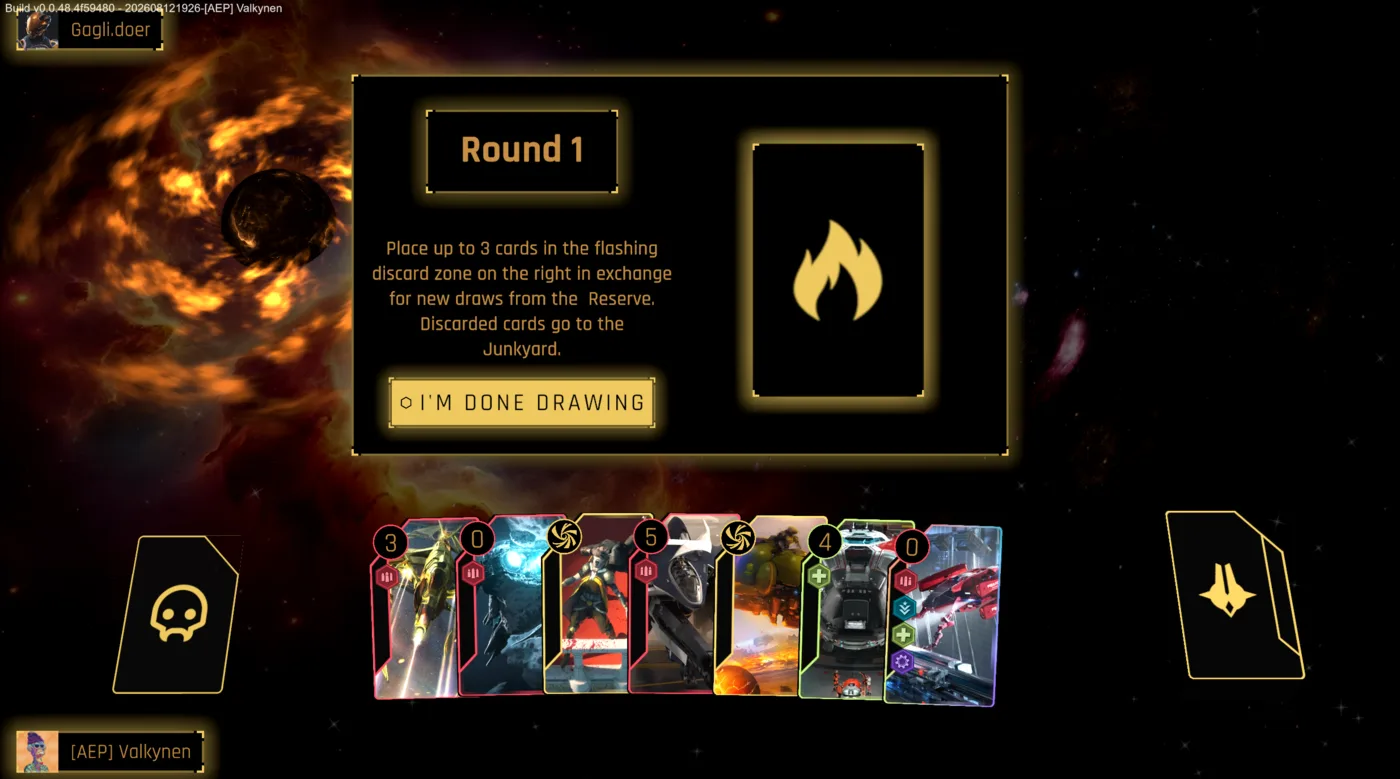 Round one begins: place up to three cards in the flashing discard zone in exchange for new draws from the reserve